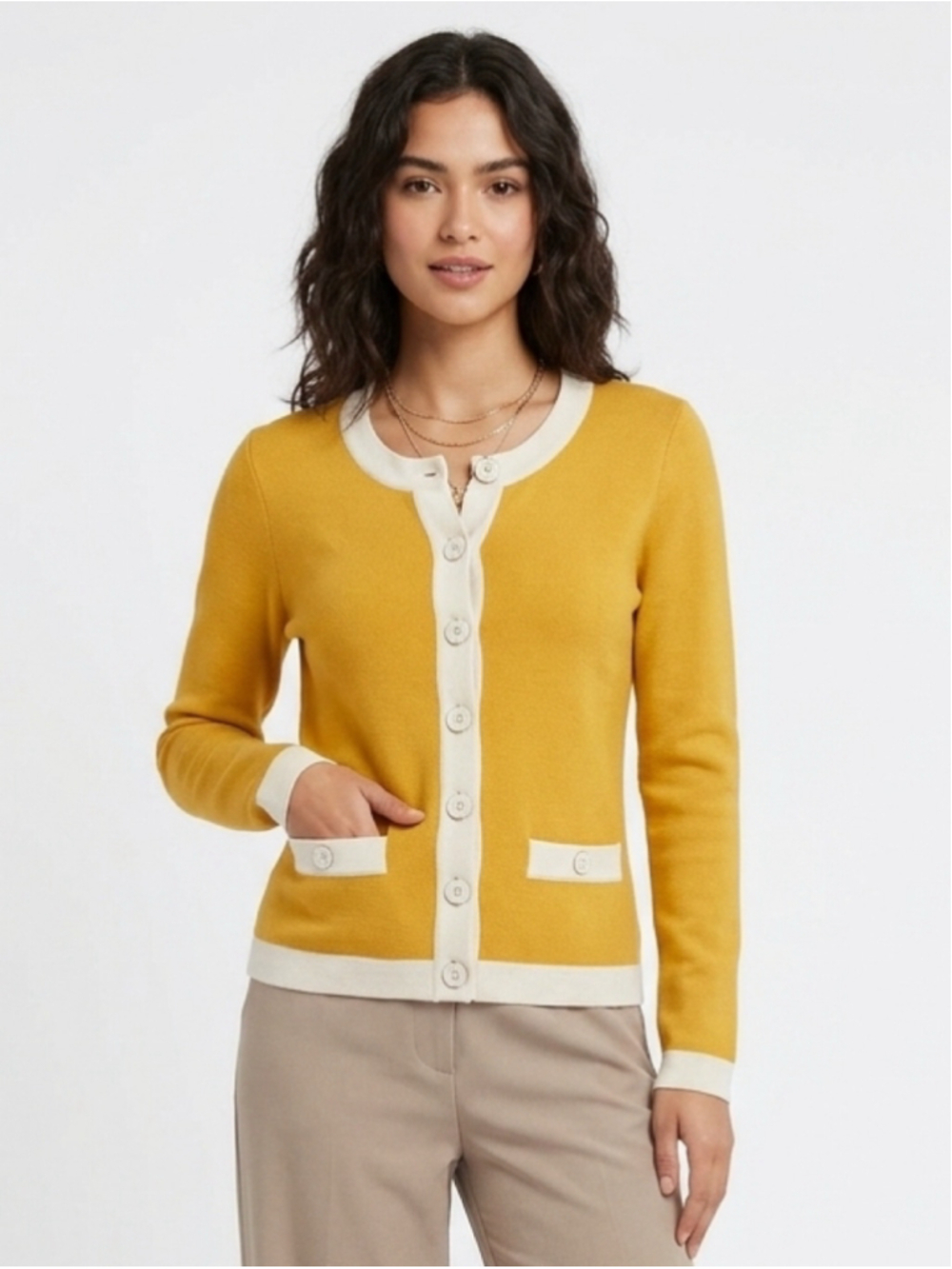 Banana Republic Mustard Yellow Cream Contrast Trim Button Cardigan Sweater S 931
